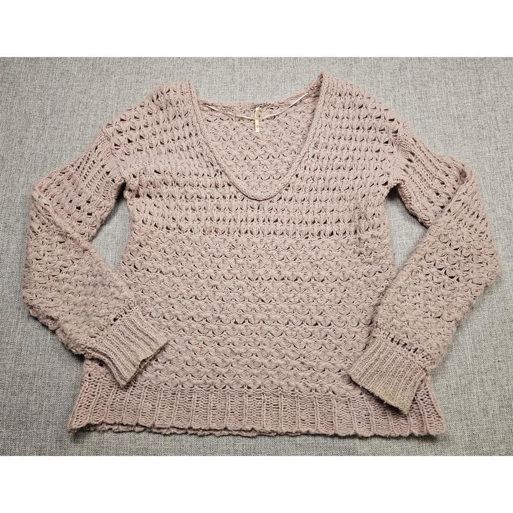 Free‎ People Sweater Womens XS Taupe Open Crochet V-Neck Chunky Boho Pullover